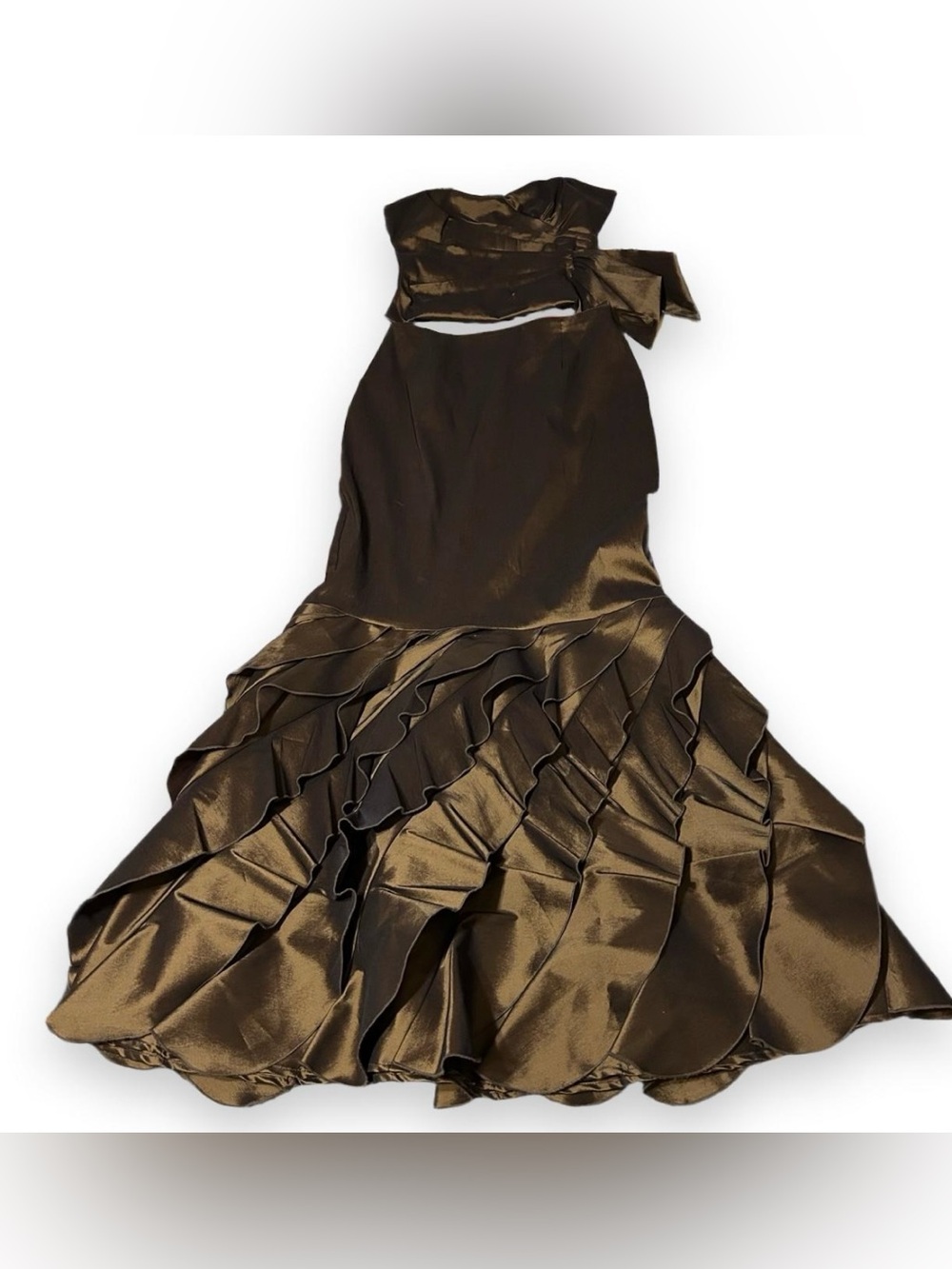 stunning vintage cache brown shimmery ruffle maxi skirt and top set